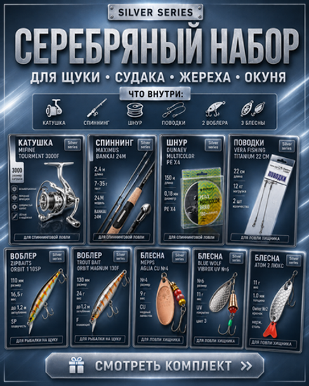 Готовый рыболовный набор Silver: спиннинг, катушка и приманки