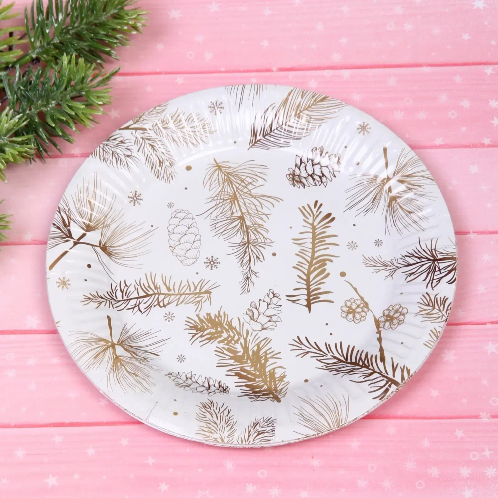 Тарелка бумажная 18 см в наборе 10 шт «Хвойная веточка», золото
