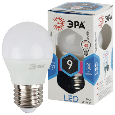 Лампочка светодиодная ЭРА STD LED P45-9W-840-E27 E27 / Е27 9Вт шар нейтральный белый свет