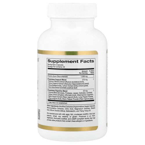 California Gold Nutrition, добавка для поддержки вен с диосмином, иглицей колючей, конским каштаном, биофлавоноидами и ферментами, 90 растительных капсул