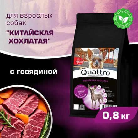 Корм сухой для взрослых собак породы Китайская хохлатая, с говядиной, 800 гр, QUATTRO