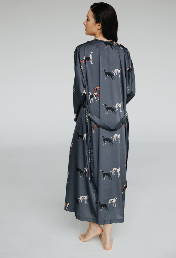 Шелковый халат-кимоно с борзыми графит