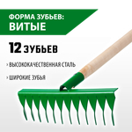 РОСТОК 370 x 100 x 1300 мм, 12 витых зубьев, рабочая поверхность из стали, покрытие краска, черенок деревянный высш. сорт, грабли (421900-12)
