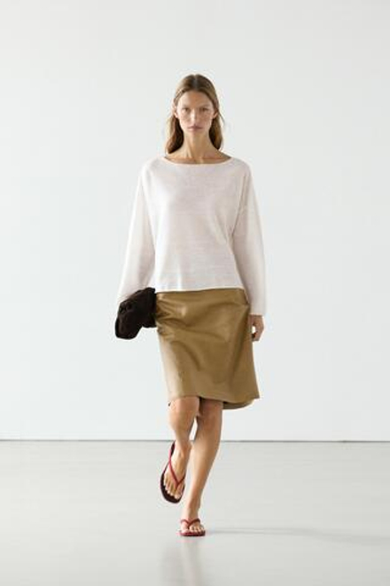 Massimo Dutti Льняной свитер с вырезом «лодочка», белый