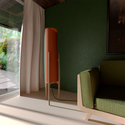 Деревянный торшер Rocket L в интерьере гостиной в стиле Wabi-Sabi