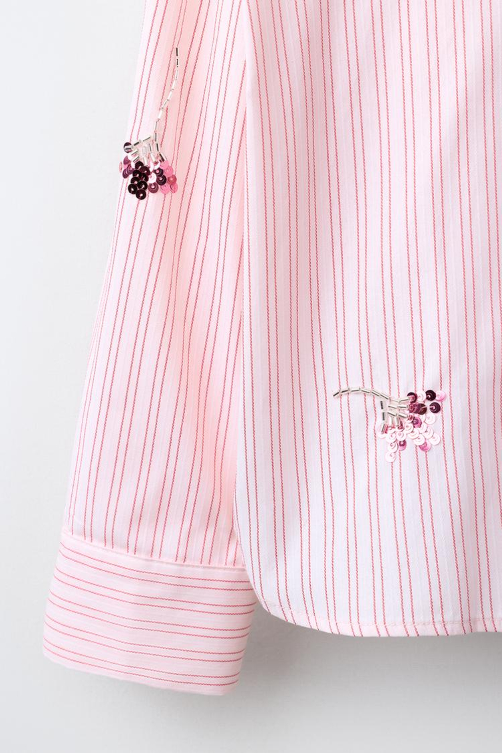 ZARA РУБАШКА И ТОП В ПОЛОСКУ С ЦВЕТАМИ И ПАЙЕТКАМИ, ПАСТЕЛЬНО-РОЗОВЫЙ