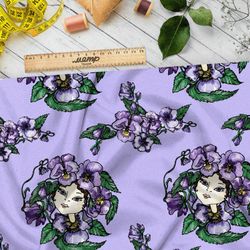 Ткань атлас девушка с венком фиолетовых цветов