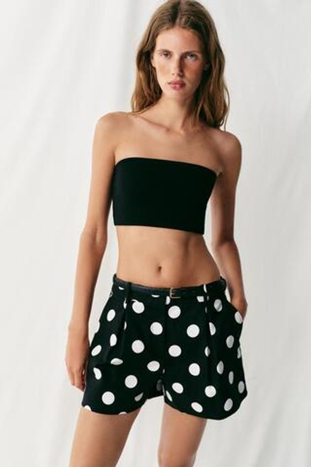 ZARA ШОРТЫ В ГОРОШЕК С ЗАЩИПАМИ И РЕМНЕМ, ЧЕРНЫЙ/БЕЛЫЙ