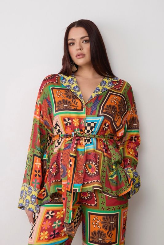Костюм в пижамном стиле из вискозы, комбинированный принт