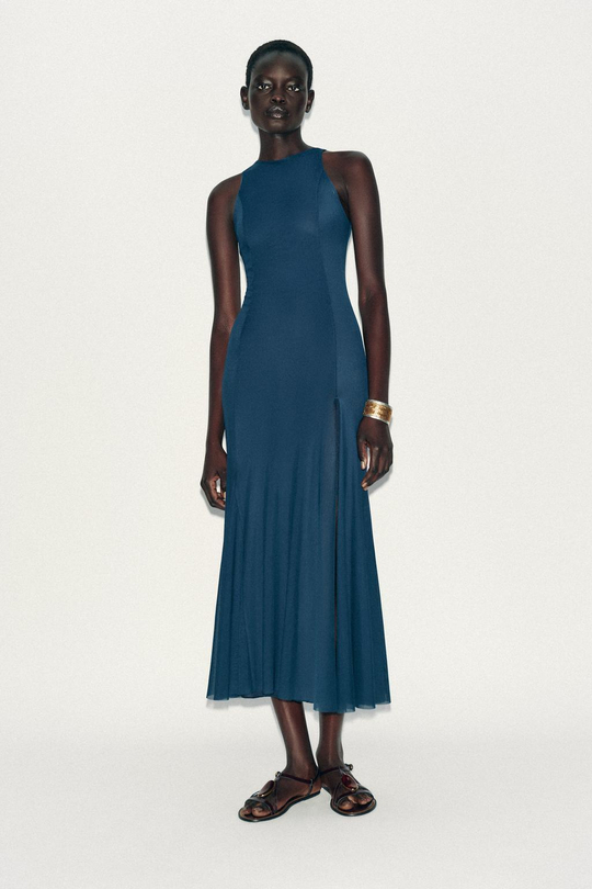 ZARA ДЛИННОЕ ПЛАТЬЕ ИЗ ТЮЛЯ С ЮБКОЙ ГОДЕ, ЦВЕТ НОЧНОГО НЕБА