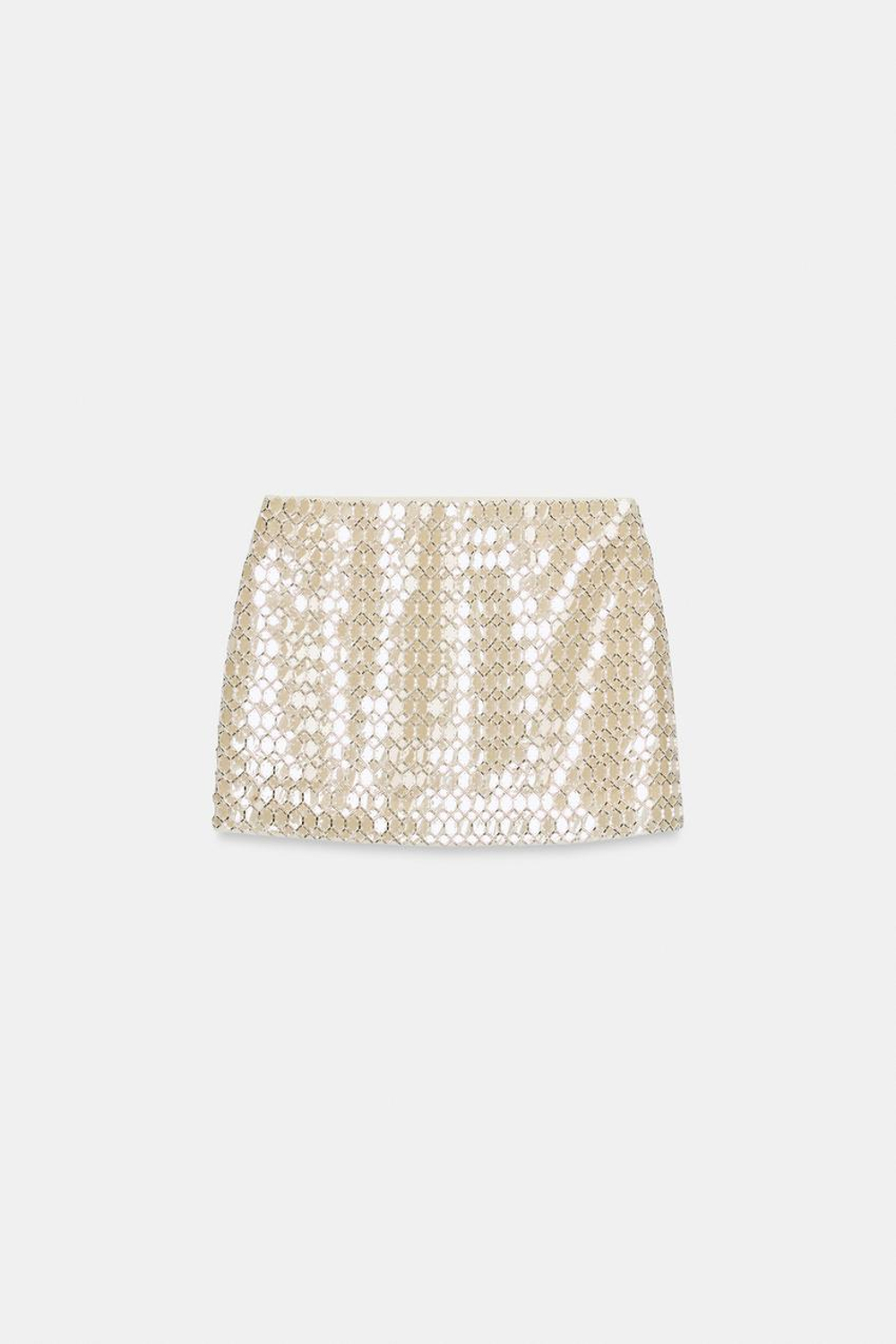 ZARA МИНИ-ЮБКА С БУСИНАМИ, ЭКРЮ