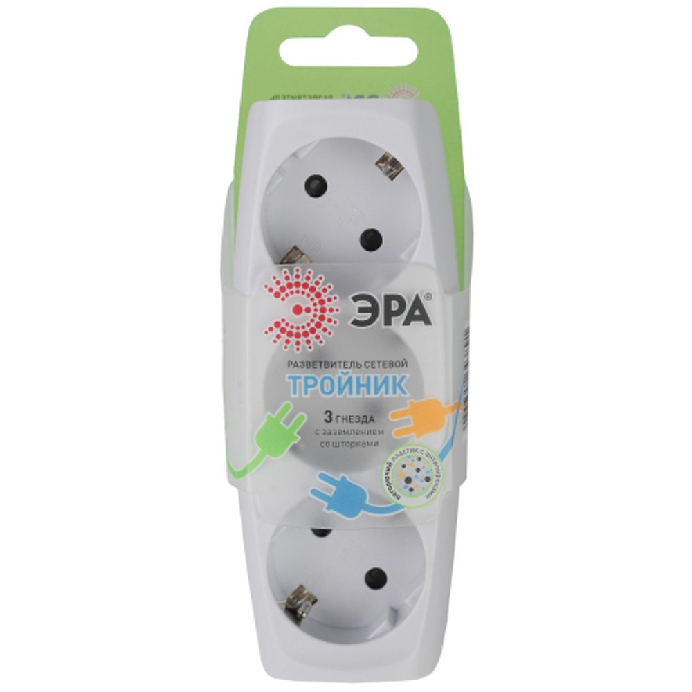 Разветвитель электрический ЭРА SP-3e-W на 3 розетки c заземлением со шторками 16А белый
