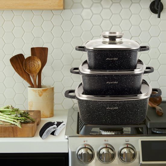 Набор посуды 6 предметов с прихватками Kamille KM 4435 из литого алюминия