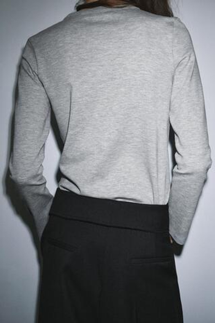 ZARA ФУТБОЛКА INTERLOCK С ДЛИННЫМИ РУКАВАМИ, СЕРЫЙ МЕЛАНЖ