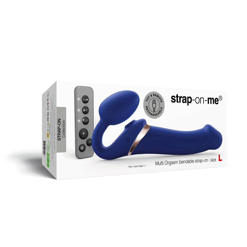Синий безремневой страпон Multi Orgasm Bendable Strap-On size L с клиторальной стимуляцией