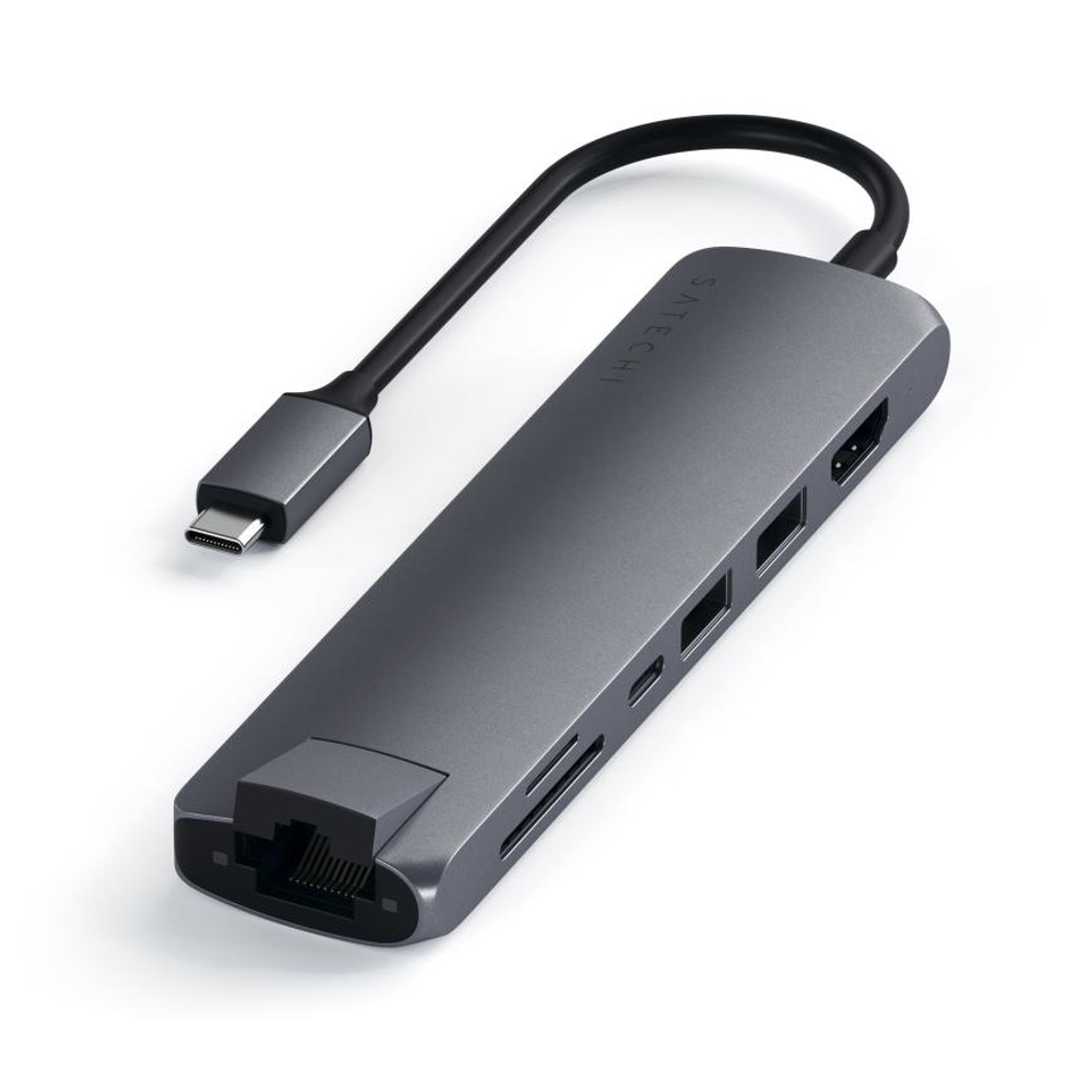 USB-Хаб Satechi Slim Multiport (USB-C) (ST-UCSMA3) Подключение: встроенный кабель USB-C. Порты: USB-C (PD 60 Вт), 2 USB-A 3.2 Gen 1, microSD, SD, HMDI (до 4K 60 Гц), Gigabit Ethernet