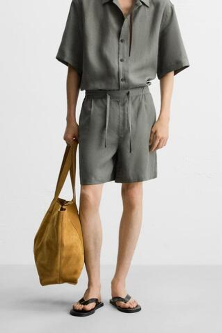 ZARA ШОРТЫ ИЗ 100% ЛЬНА, ЗЕЛЕНОВАТО-СИНИЙ