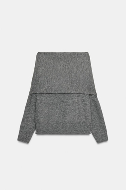 ZARA ТРИКОТАЖНЫЙ ДЖЕМПЕР С ОТКРЫТЫМИ ПЛЕЧАМИ, СЕРЫЙ МЕЛАНЖ