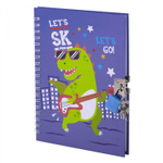 Блокнот в футляре 19,5 см * 23,0 см , гребень, Alingar, ламинация, замочек, ручка, 45 л., клетка, "Дино", сиреневый