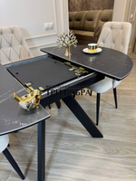 Круглый раздвижной стол "Бонжур", керамогранит, черный мрамор и стулья "Лондон"