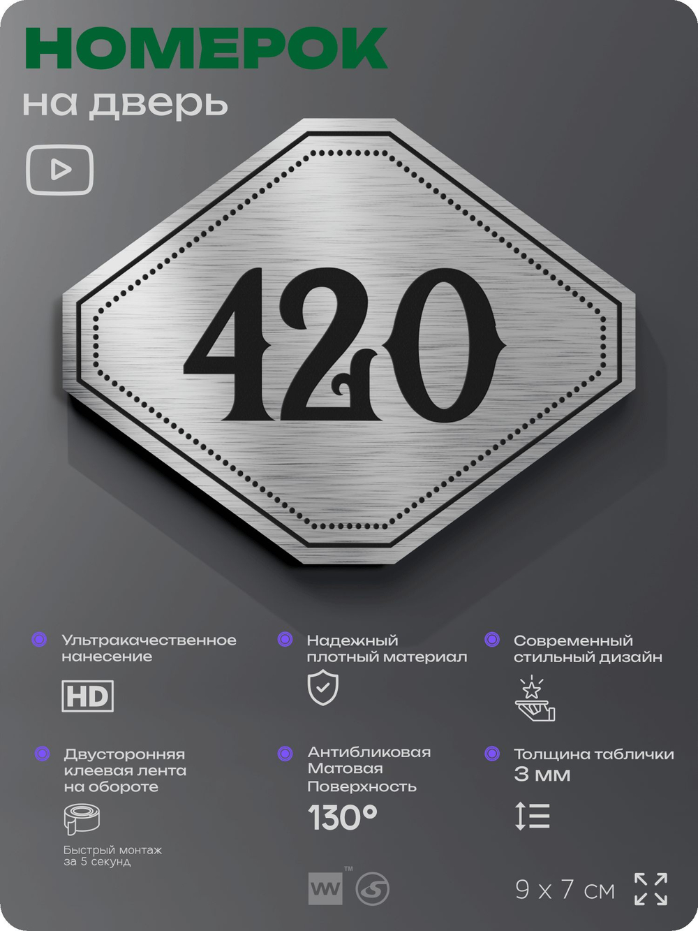 Номерок на дверь квартиры 420, для кабинета, офиса, шильдик 9 х 7 см, брашированная сталь, Айдентика Технолоджи