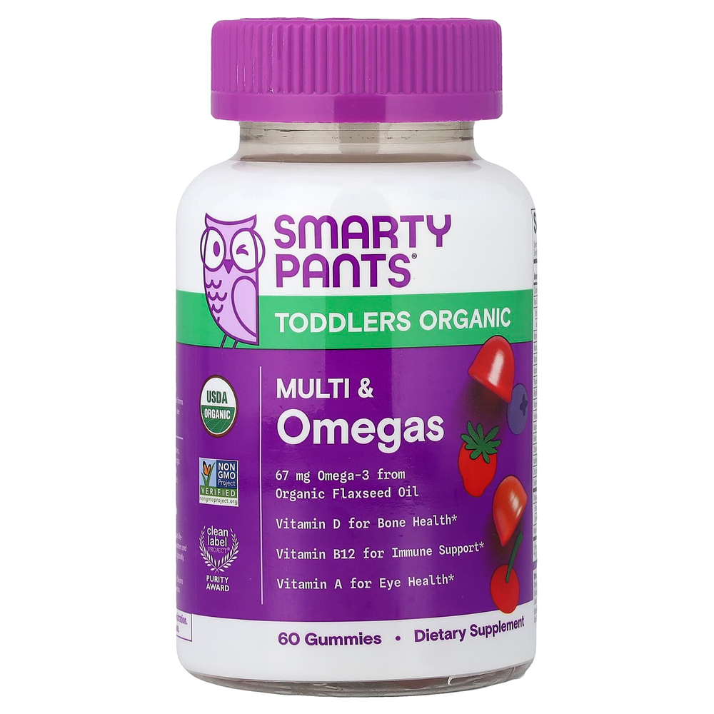 SmartyPants, органические мультивитамины и омега для малышей, со вкусом вишни и ягодного микса, 60 жевательных таблеток