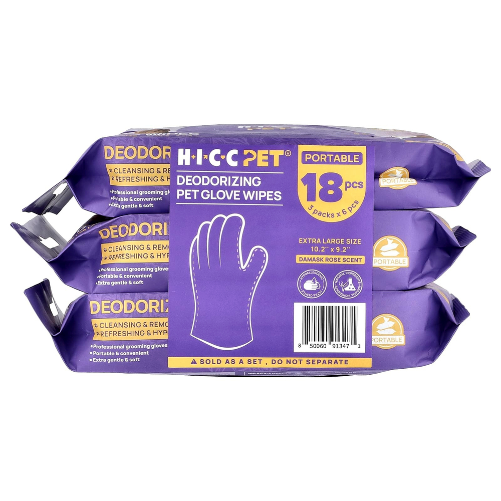 HICC Pet, дезодорирующие салфетки для перчаток, очень большие, дамасская роза, в упаковке 3 шт., по 6 шт.