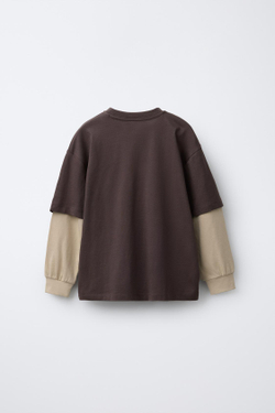 ZARA ФУТБОЛКА С ДВОЙНЫМИ РУКАВАМИ В СТИЛЕ ПРЕППИ, КОРИЧНЕВЫЙ