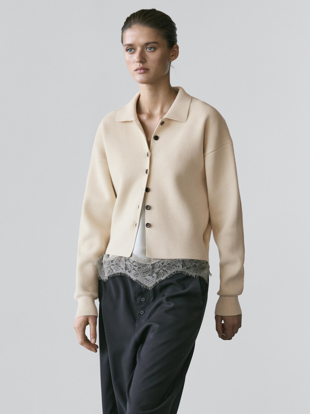 Massimo Dutti Кардиган из хлопкового трикотажа с воротником поло, ванильный