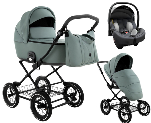 Детская коляска Roan Bass Next Classic Кожа d12 3 в 1 с автокреслом Elo Lux EduSky Grey RCL303/1 Misty Mint/Grey