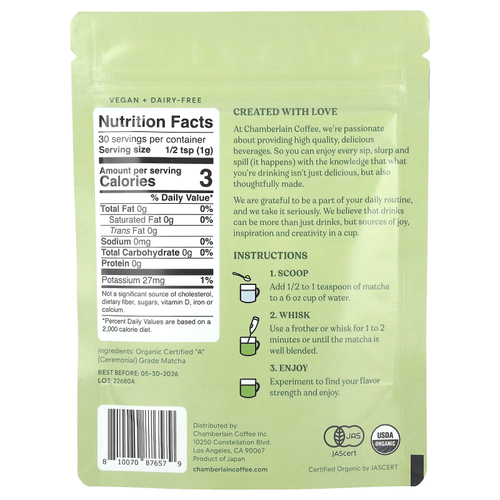 Chamberlain Coffee, Порошок матча, церемониальный, 30 г (1,06 унции)