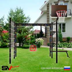 Уличная шведская стенка Sv Sport рукоход с комплектом турник прямой 2шт У5446К (Турник/Брусья/Стойка/Скамья/Со спинкой/Щит баскет/Канат/кольца/лестница/Сетка)