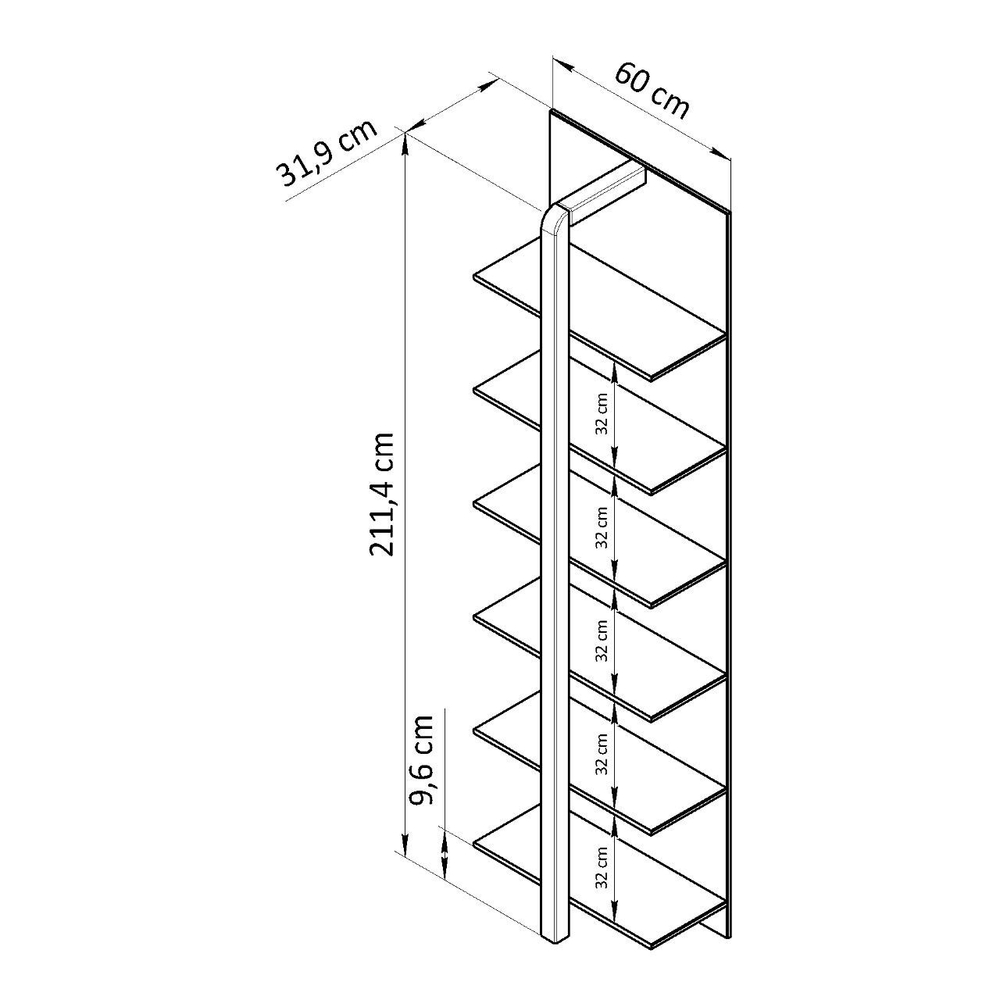 Стеллаж деревянный 6 полок Мадейра 60х32х211 см из массива сосны, белый