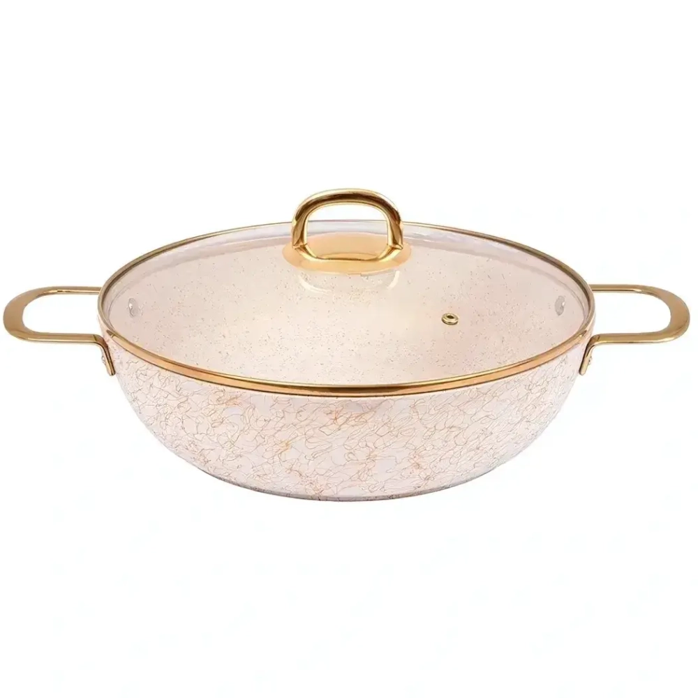 Сотейник 300/85мм с ручками , со стеклянной крышкой, АП линия «Грация» (белый/золото)