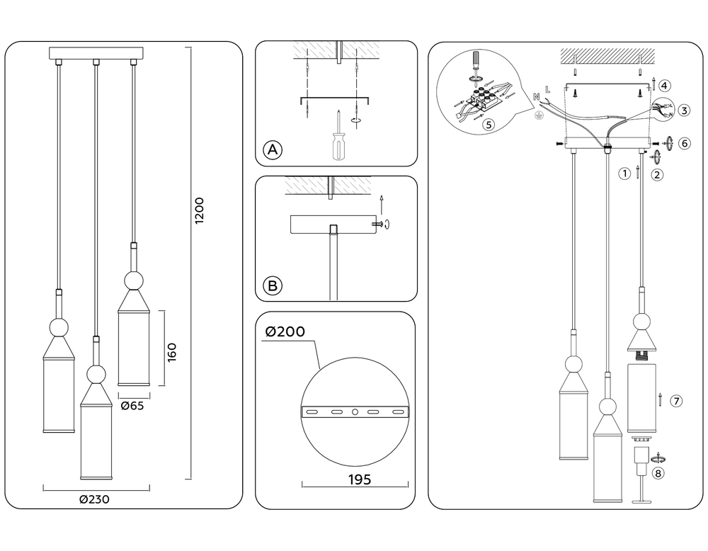 Светильник подвесной LH55272/3 BS/FR латунь/белый матовый E14 max 40W D230*1200