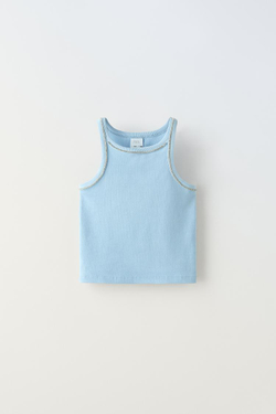 ZARA ТОП В РУБЧИК СО СТРАЗАМИ, ГОЛУБОЙ