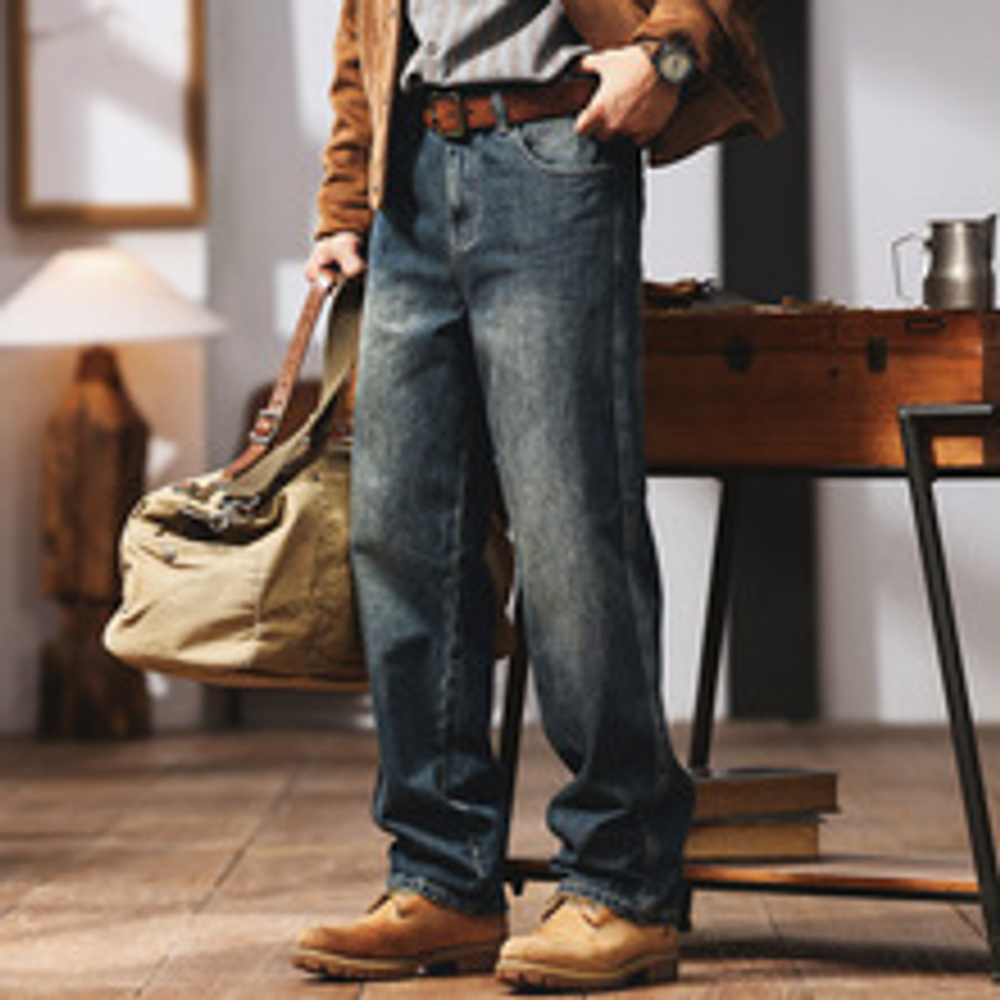 Ge Blue Deer американские ретро джинсовые брюки мужские осенние и зимние бархатные приливы свободные прямые повседневные длинные брюки