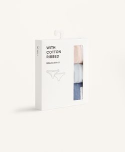 OYSHO Набор из 3 пар трусов-бразильяно из хлопковой смеси в рубчик, синий