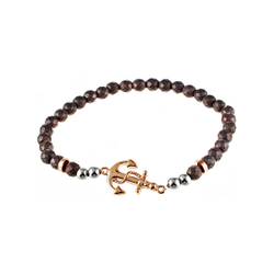 Стильный модный мужской браслет из бусин камня гематита (кровавика) на резинке с золотистым якорем JV TOE-350-60139 в подарочной упаковке