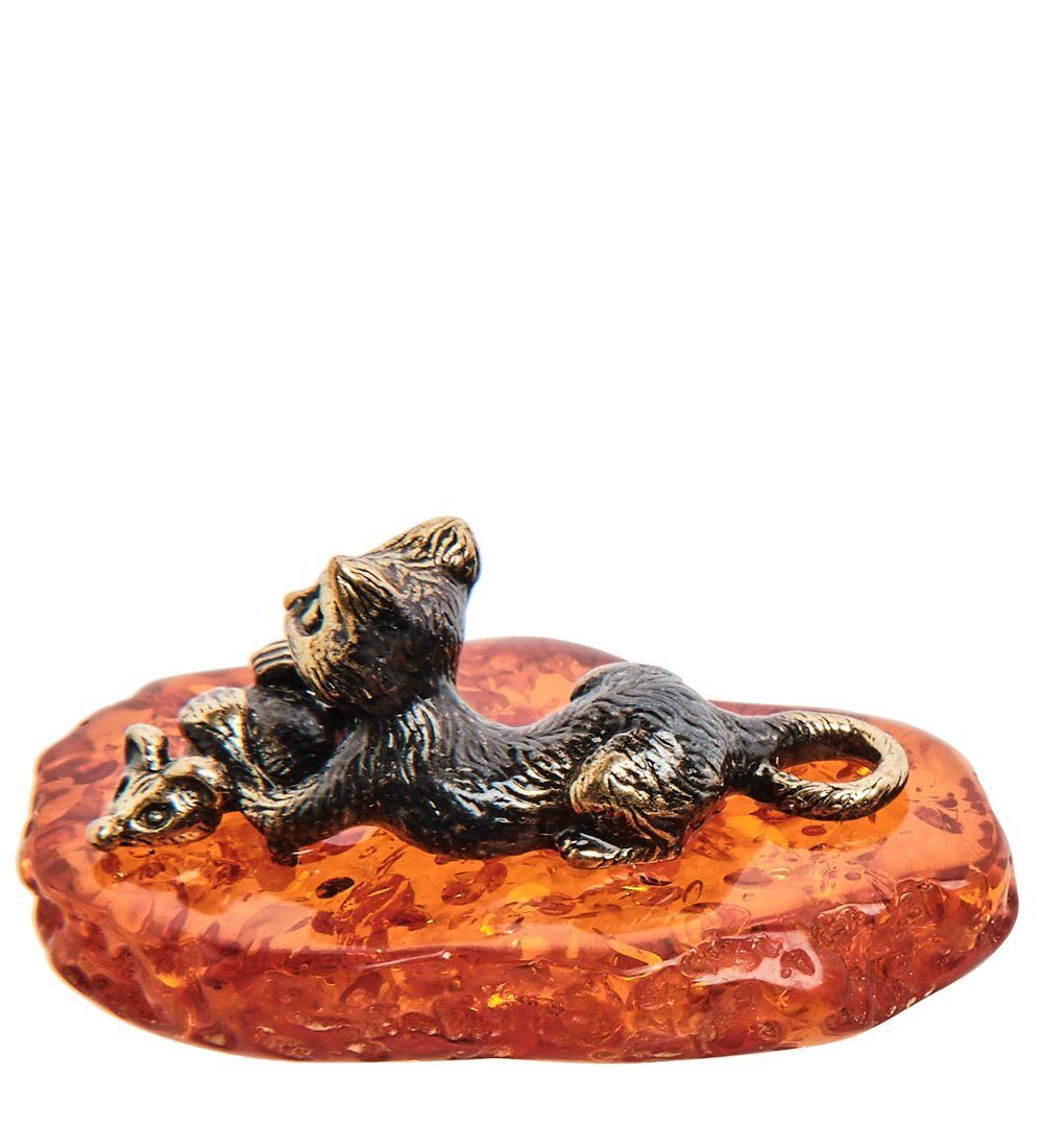 Народные промыслы AM-3069 Фигурка «Котик с мышкой на подставке» (латунь, янтарь)