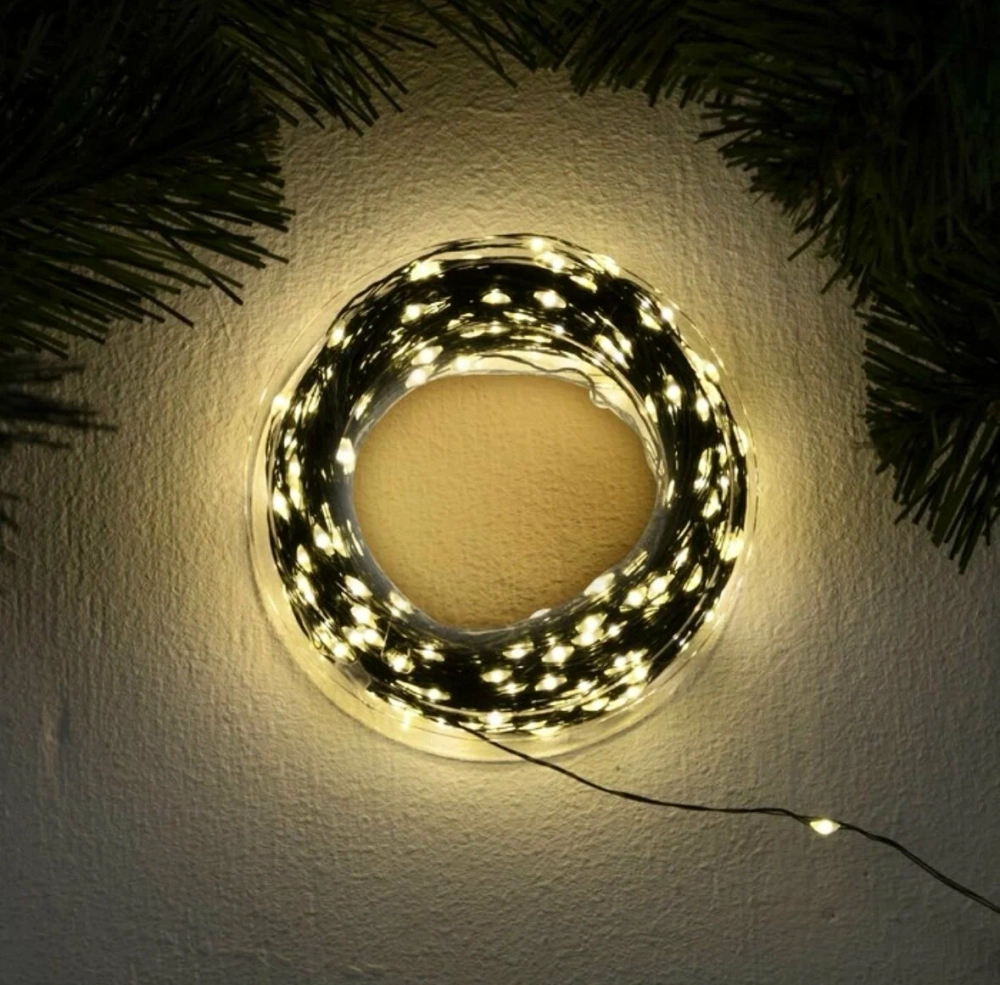 Электрогирлянда внешняя Нить 20м 200LED, теплый белый, 8 режимов, с коннектором, темно-зеленый кабел