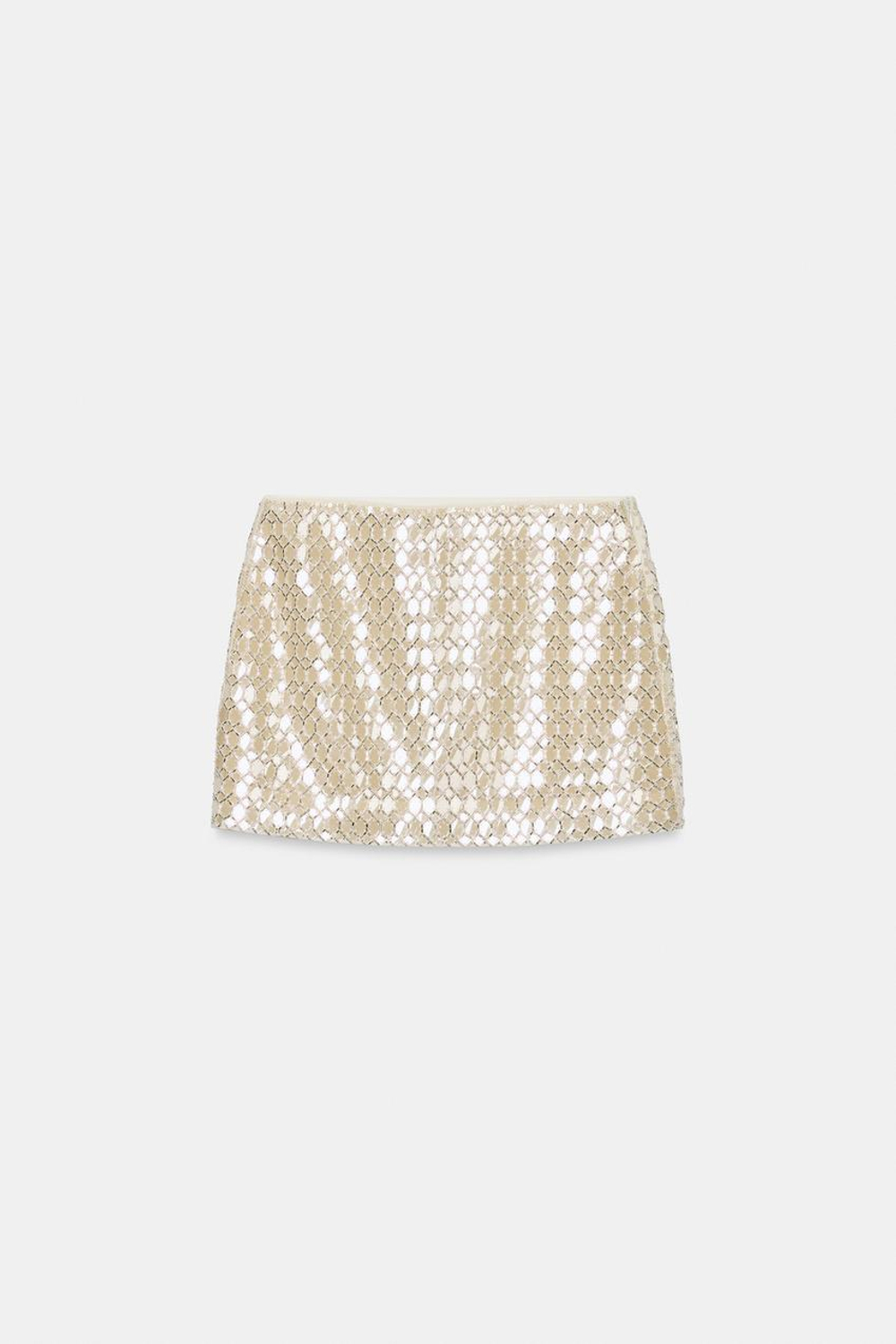 ZARA МИНИ-ЮБКА С БУСИНАМИ, ЭКРЮ