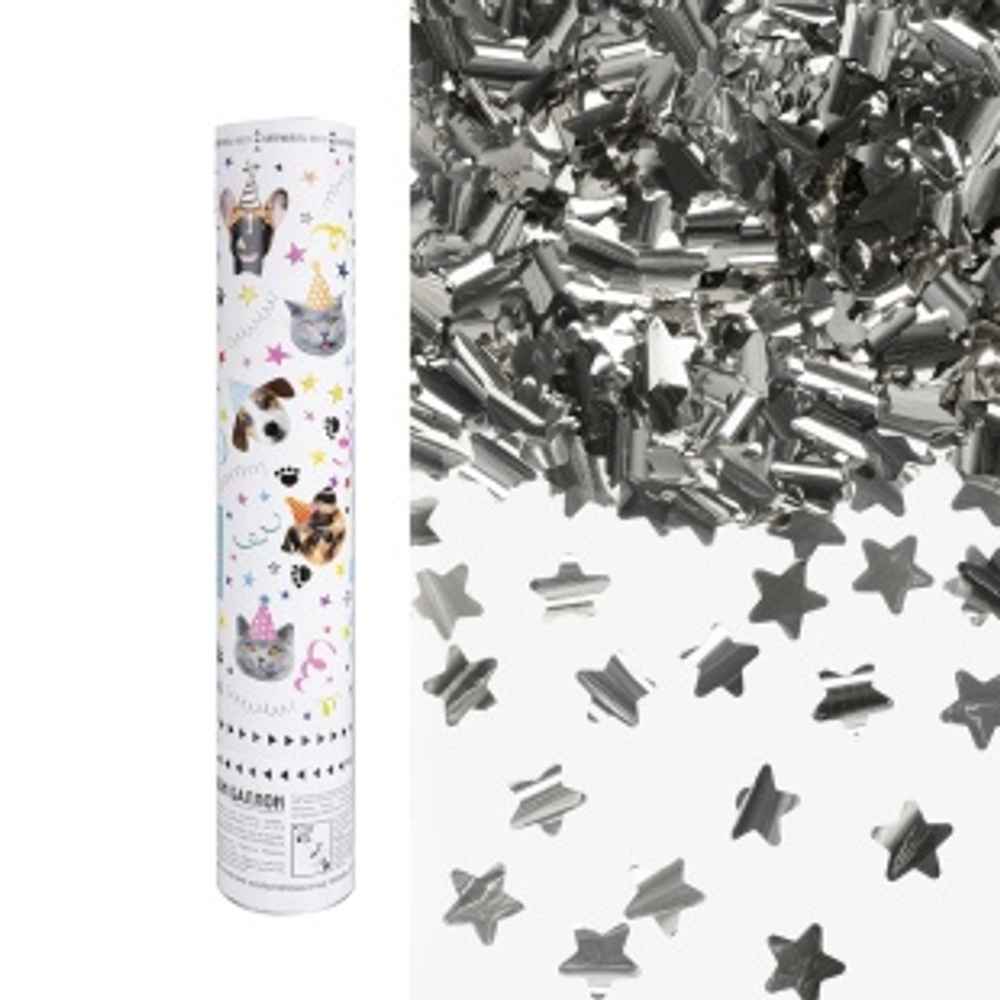 Пневмохлопушка (12/30 см), Котики и Собачки, Звезды фольга, Серебро, Металлик, 1 шт.