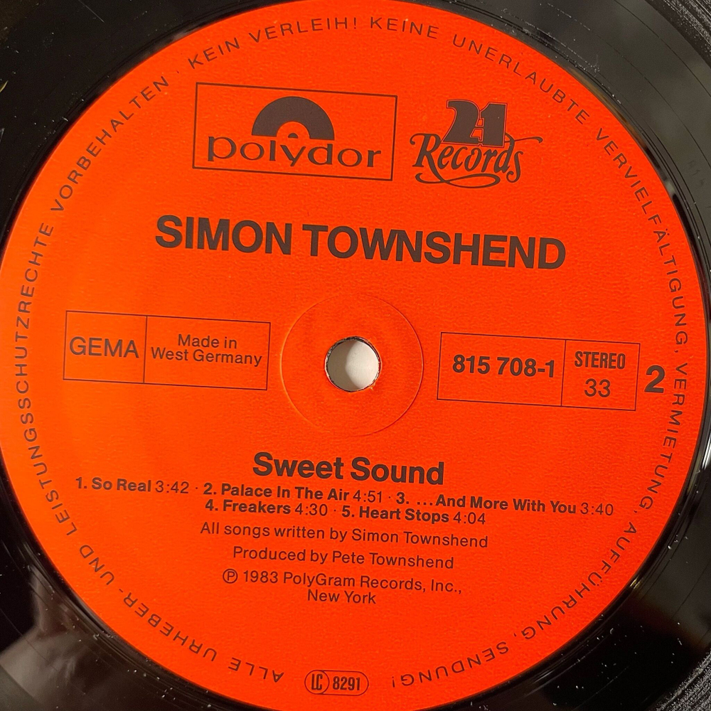 Винтажная виниловая пластинка LP Simon Townshend Sweet Sound (Germany 1983)
