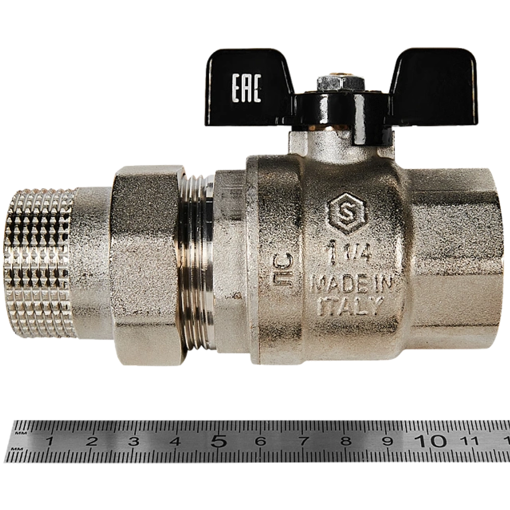 Кран шаровой полнопроходной STOUT - 1"1/4 (ВР/НР-американка PN40, Tmax 150°C, ручка-бабочка черная)