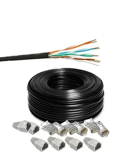Комплект: Интернет кабель уличный витая пара UTP 4 cat.5e, одножильный с коннектором rj45 и колпачками rj45 внешний для наружной прокладки 100 метров