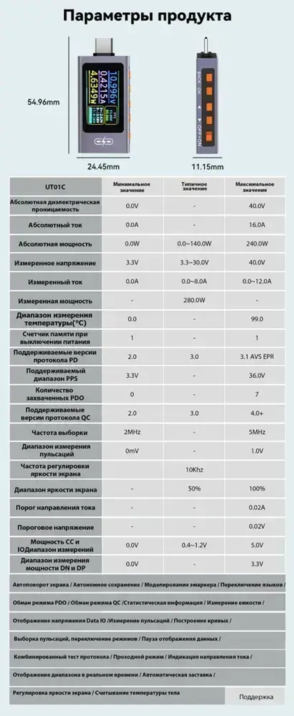 UT01C Многофункциональный USB-тестер,240W Серо - синий цифровой вольтметр-амперметр, Многопротокольное автоматическое распознавание, кривые в реальном времени