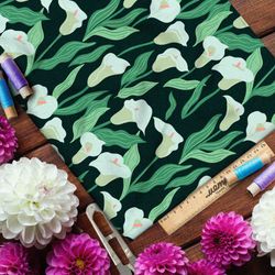 Ткань шифон нежные плотные каллы на чёрном фоне