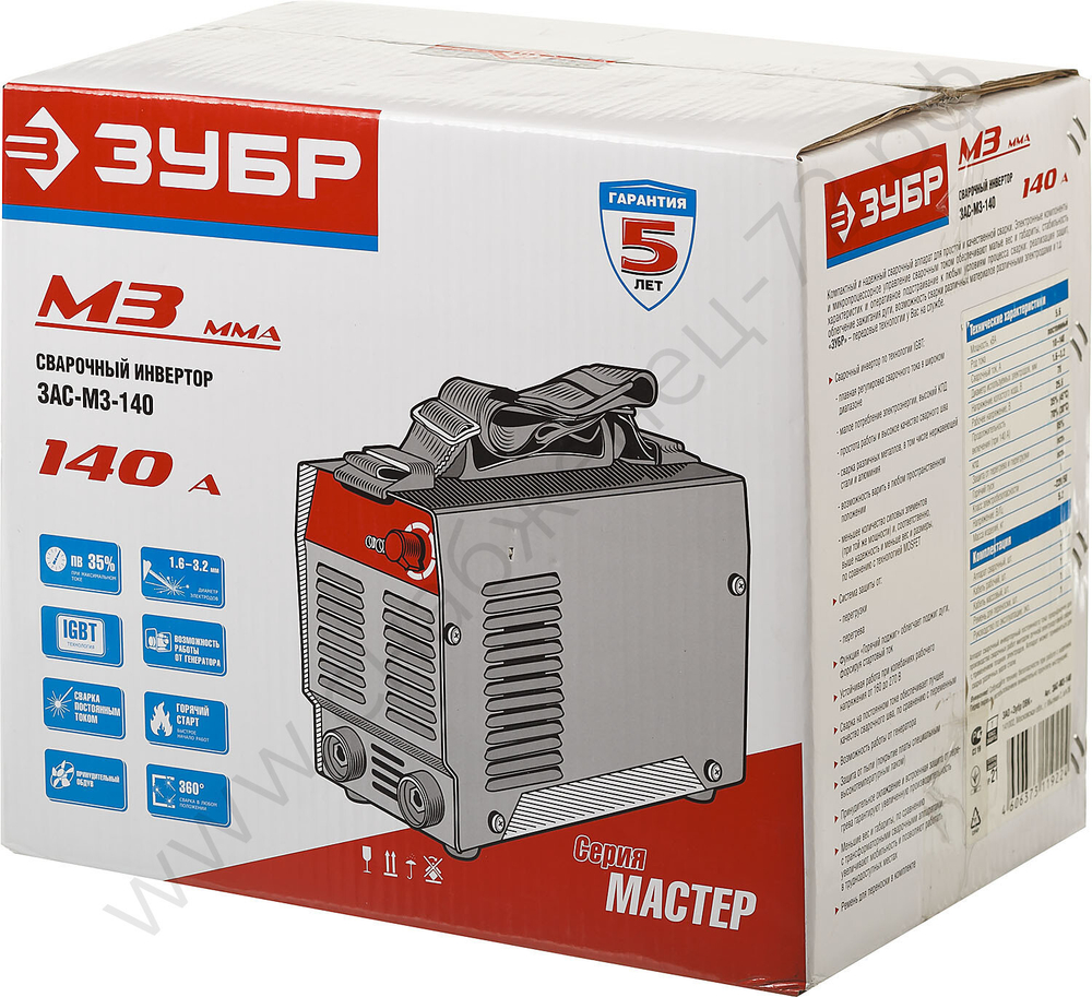 ЗУБР ММА, 140 А, MMA, сварочный аппарат инверторный, макс. электрод Ø 4.0 мм (ЗАС-М3-140)