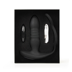 Черный анальный вибромассажёр с возвратно-поступательными движениями и кольцами для фиксации